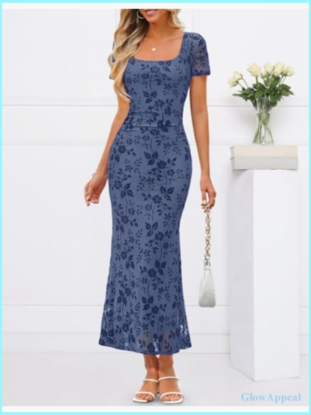 Women Square Neck Mermaid Maxi Dress Short Sleeve Floral Bodycon Formal - Picture 3 of 7